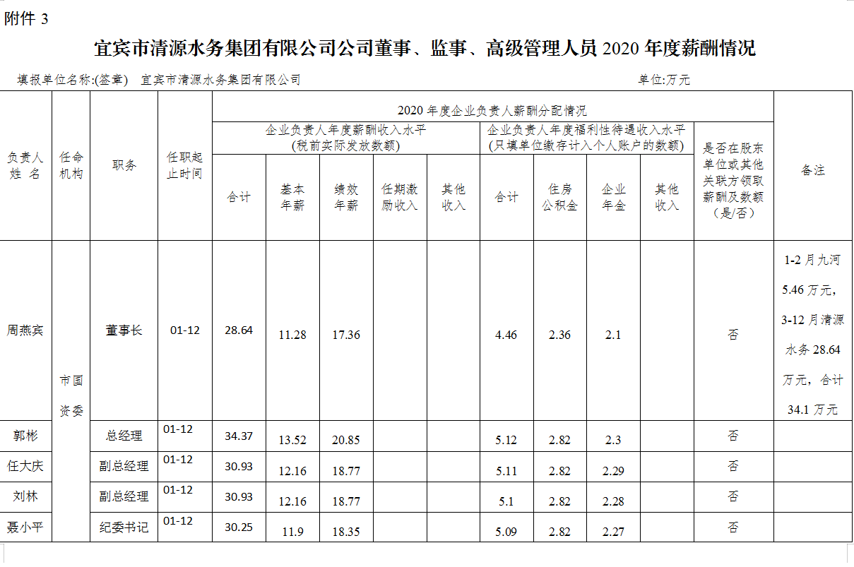宜賓市清源水務集團有限公司公司董事、監事、高級管理人員2020年度薪酬情況